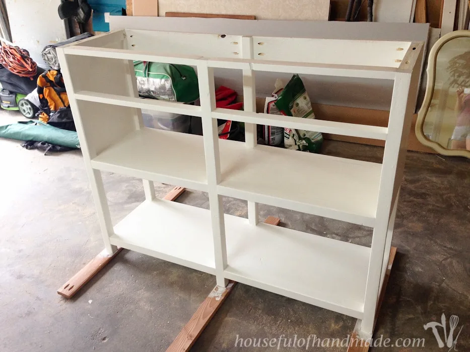 Completed base of the coffee station console table painted white. 
