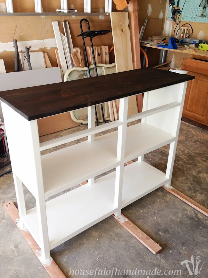 Finished top on the coffee bar console table. 