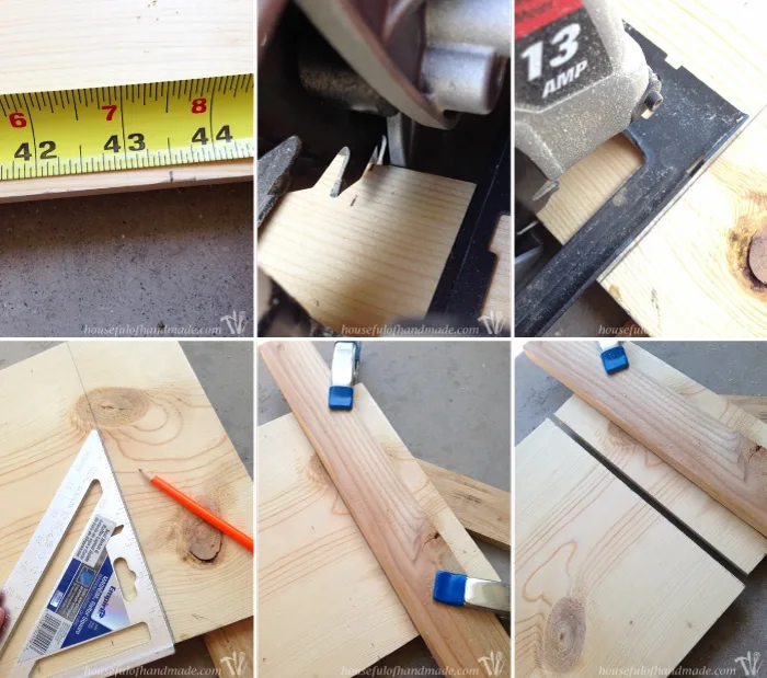 Six picture collage showing how to make a straight cut with a circular saw by clamping a board as a guide.