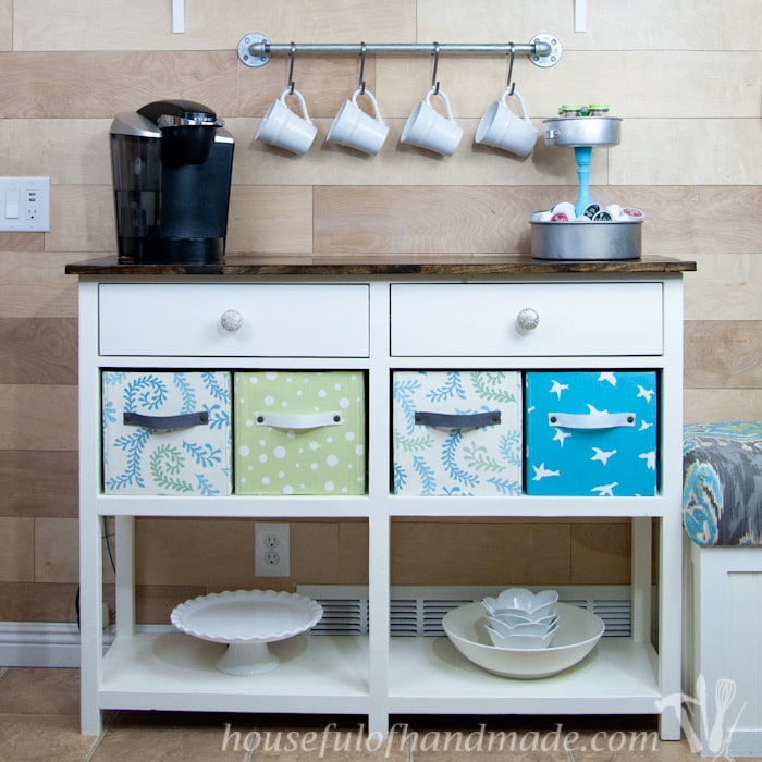 Build this classic console table, perfect for your coffee station with these free plans! Free coffee station console plans from Housefulofhandmade.com