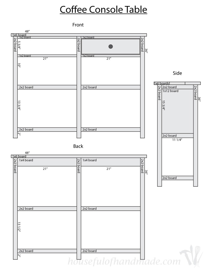 Drawing of all the pieces with measurements for the coffee bar table. 