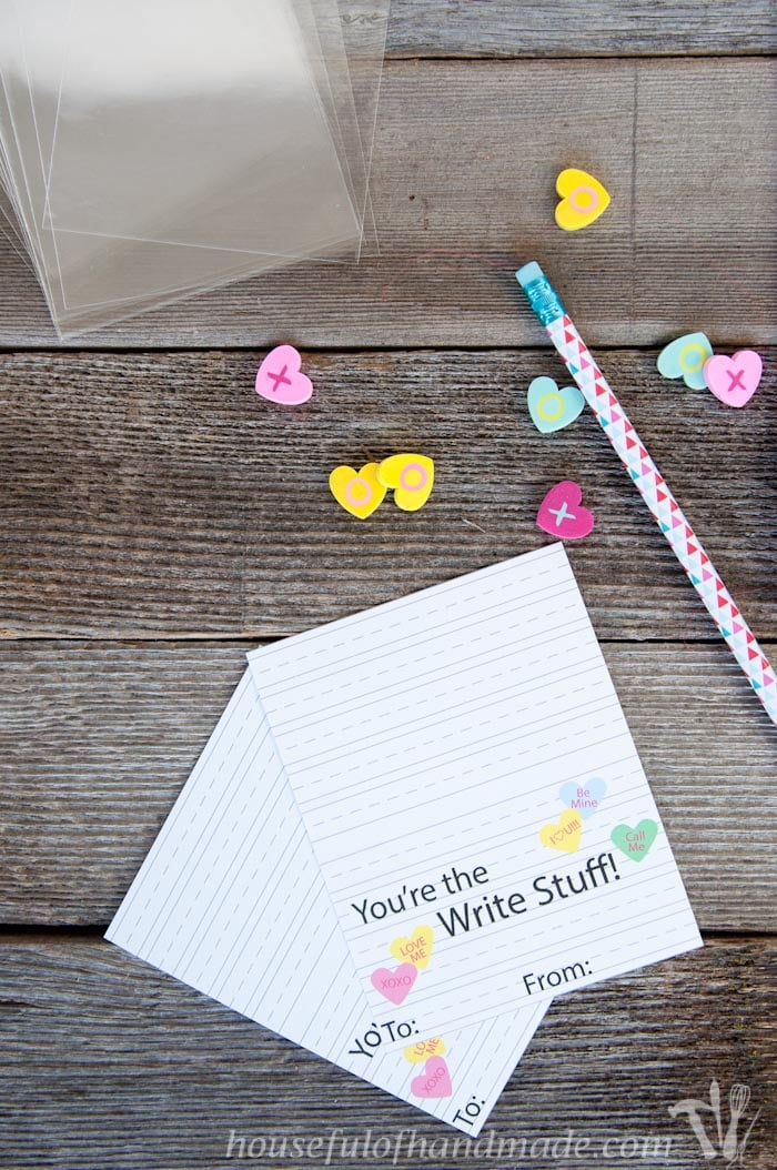 You're the write stuff! The perfect free printable pencil valentines for grade school kids. Download for free at Housefulofhandmade.com.