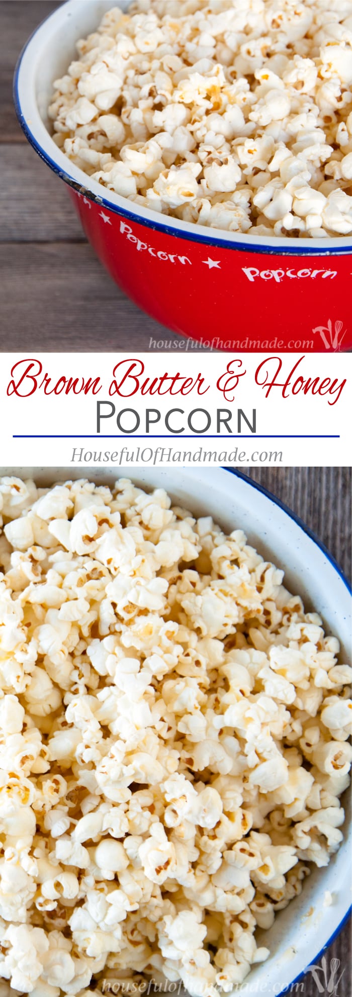 For something super easy and absolutely delicious, you have to try this Brown Butter & Honey Popcorn. The brown butter adds a rustic nuttiness to the popcorn and the honey adds a little sweetness. | Housefulofhandmade.com