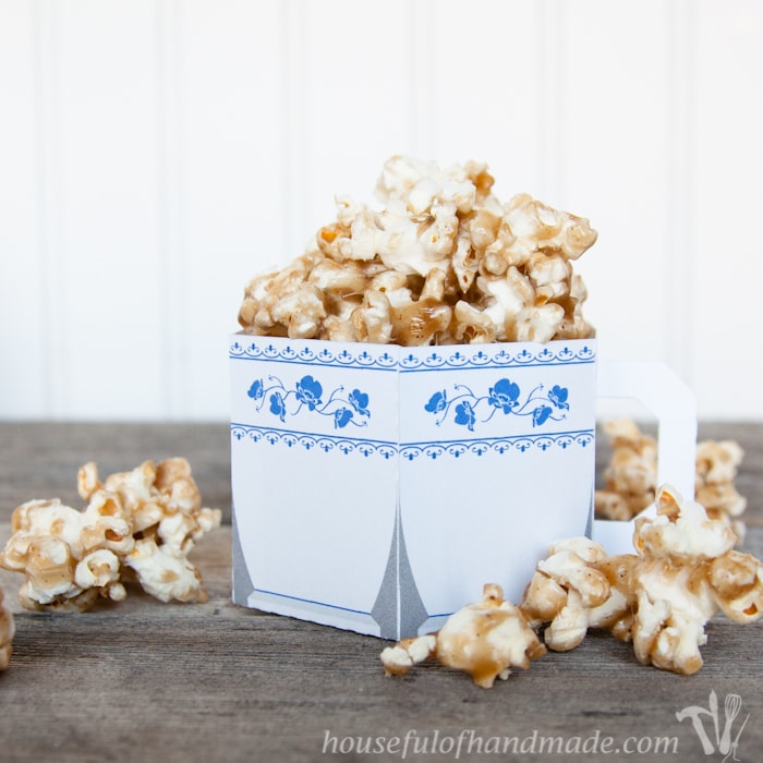 Chai Spiced Caramel Popcorn with Free Printable Paper Tea Cup