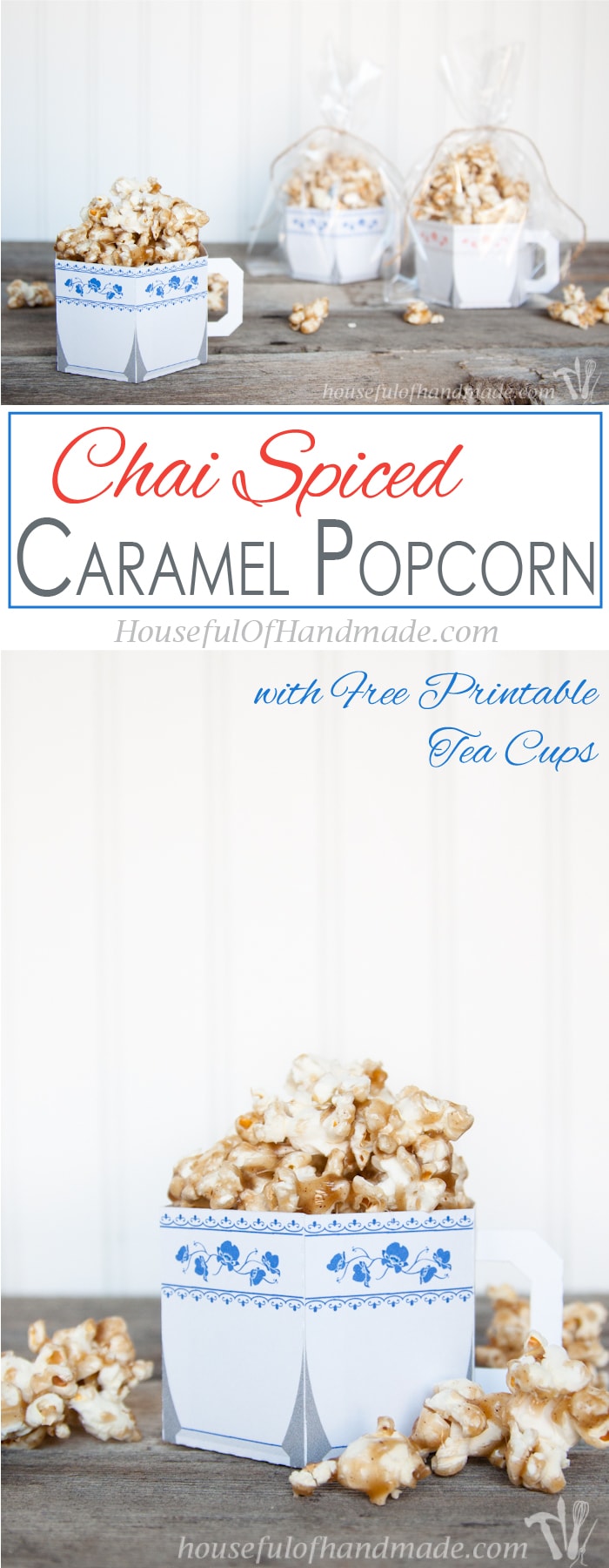 I love Chai tea so why not enjoy it in your caramel popcorn? This Chai Spiced Caramel Popcorn is perfect for girl's night in! Includes free printable paper tea cups for serving you popcorn! | Housefulofhandmade.com
