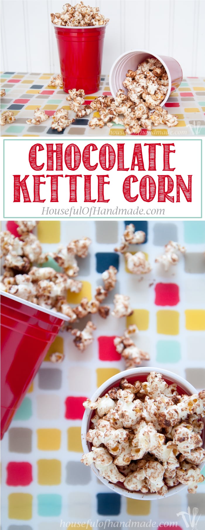14 Days of Popcorn Day 2: Here is a sweet chocolatey treat that is a little healthier! This chocolate kettle corn is perfect for your sugar cravings. | Housefulofhandmade.com