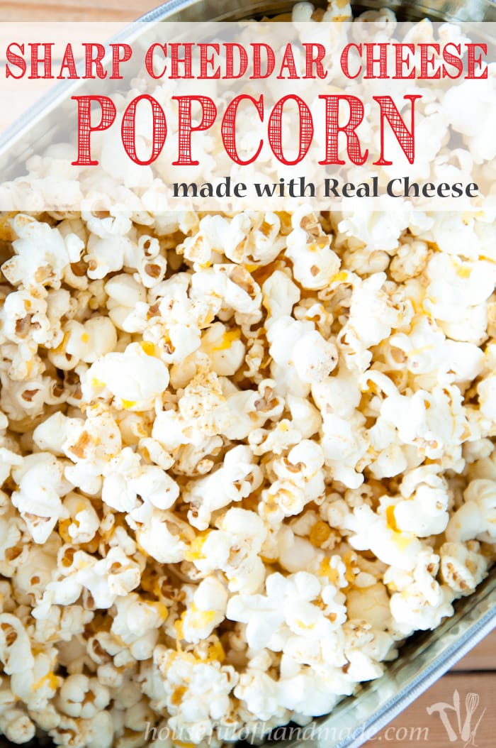 Make the most flavorful cheese popcorn without fake powdered cheese! This Sharp Cheddar Cheese Popcorn made from real cheese is easy and cheesy. | HousefulOfHandmade.com