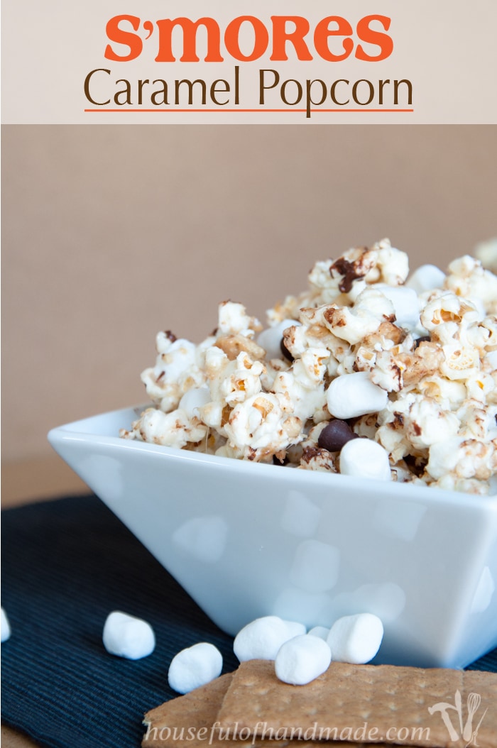 This is the best gooey popcorn. A mix of marshmallow, chocolate, and graham cracker make this super delicious S'mores Caramel Popcorn. | HousefulOfHandmade.com