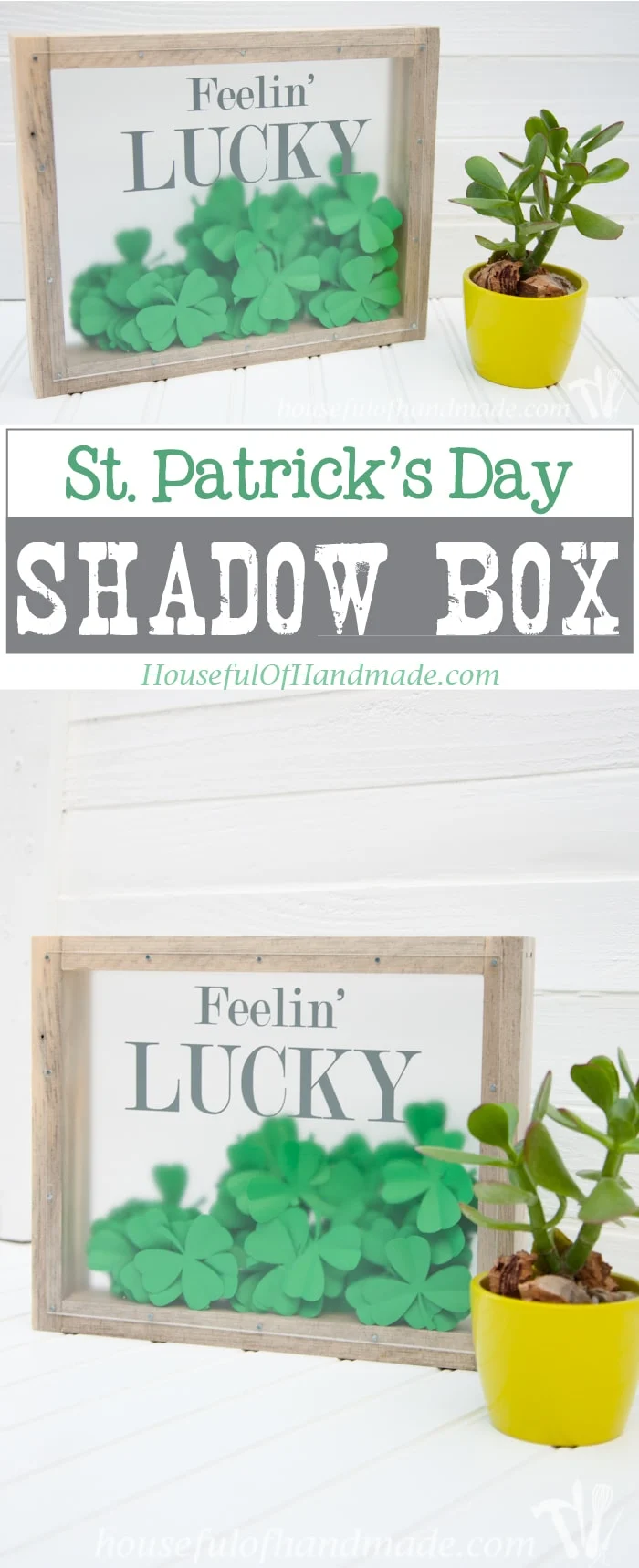 I love this fun St. Patrick's Day shadow box. The perfect way to bring a little green to your decor. | Housefulofhandmade.com