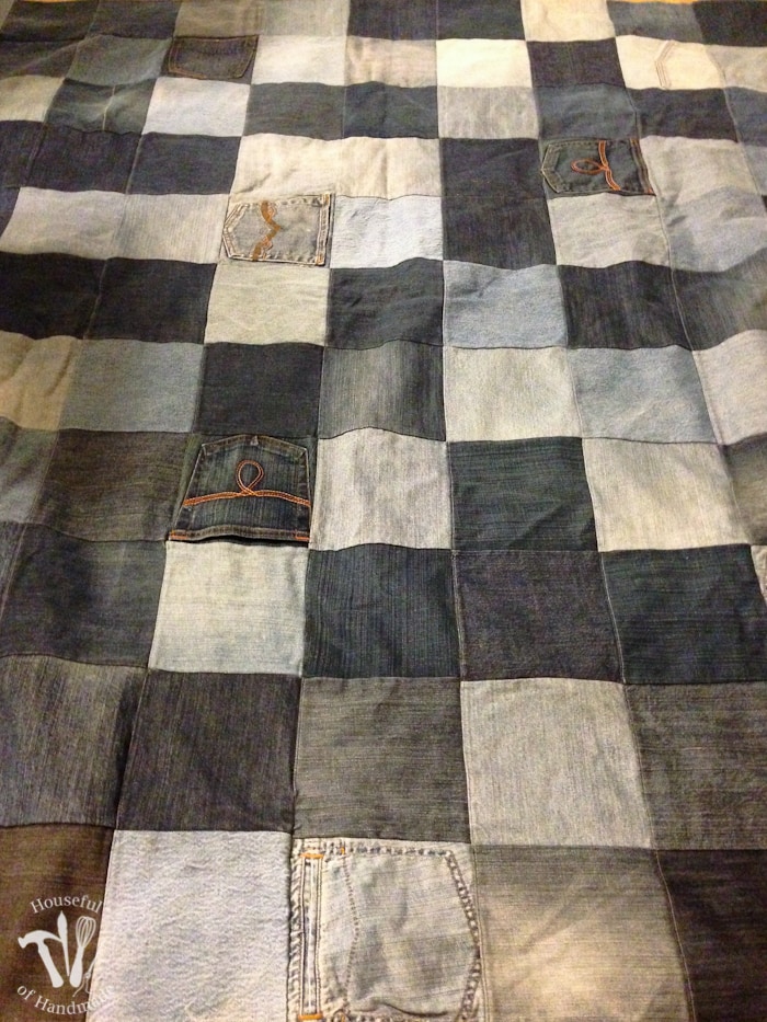 overview of Water-resistant upcycled jeans picnic blanket showing the quilted pattern