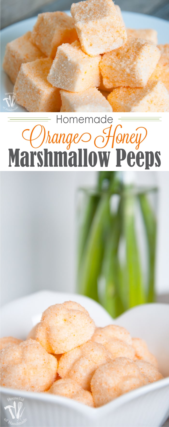 Who says Peeps are only for Easter? Celebrate spring with these delicious Homemade Orange Honey Marshmallow Peeps. These fancier homemade marshmallows are the perfect spring treat. | Housefulofhandmade.com