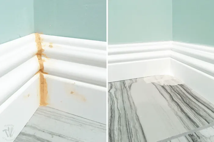 This week we installed baseboards into the master bathroom. While I continue to struggle with installing baseboards and door trim, I am really great at filling in any gaps with this cheater trick! | Housefulofhandmade.com