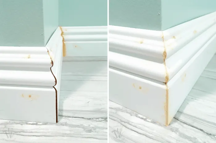 This week we installed baseboards into the master bathroom. While I continue to struggle with installing baseboards and door trim, I am really great at filling in any gaps with this cheater trick! | Housefulofhandmade.com