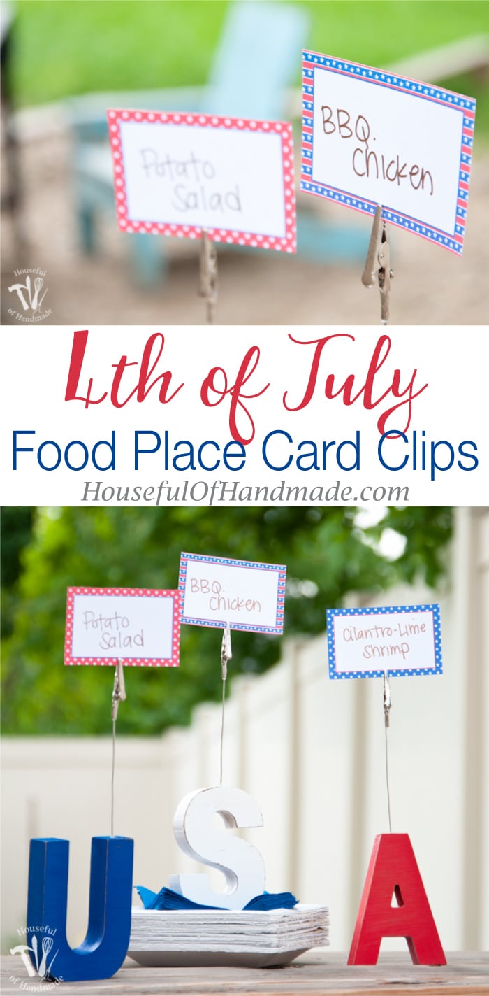 Make your 4th of July barbecue festive with these easy to make 4th of July food place card clips. Includes a free printable patriotic food cards. | Housefulofhandmade.com