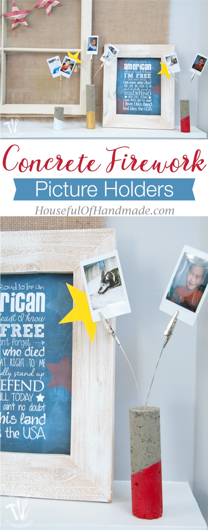 I love DIY cement projects. Make these easy paint dipped concrete firework picture holders to add some pictures of all your summer fun to your 4th of July decor. | Housefulofhandmade.com