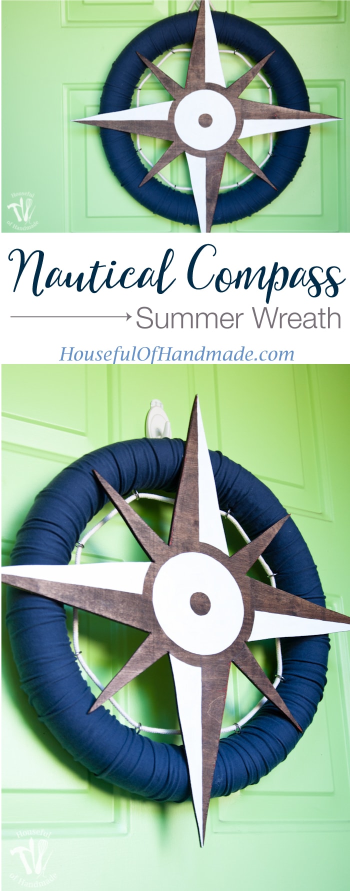 I love nautical decoration for summer! You can make this fun nautical compass wreath out of a pool noodle, old t-shirt and some wood scraps! It's the perfect way to decorate your door this summer. | Housefulofhandmade.com