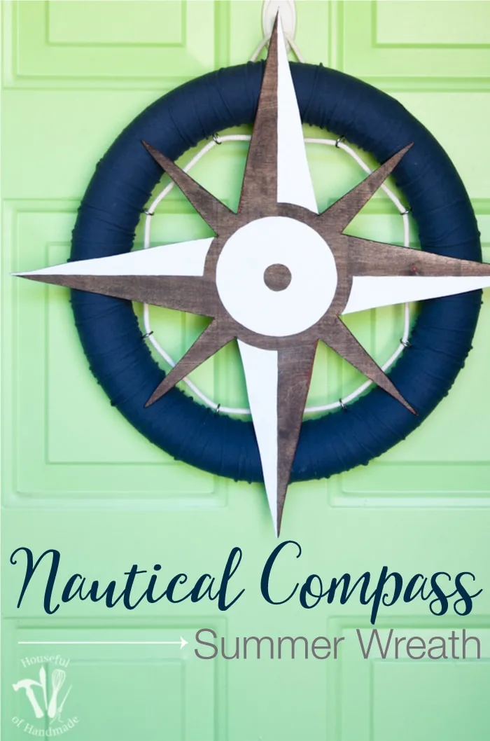 I love nautical decoration for summer! You can make this fun nautical compass wreath out of a pool noodle, old t-shirt and some wood scraps! It's the perfect way to decorate your door this summer. | Housefulofhandmade.com