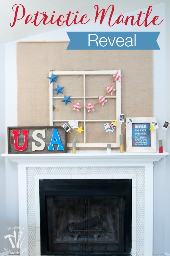 Love this rustic patriotic mantle for July. Make these easy paint dipped cement firework picture holders to add some pictures of all your summer fun to your 4th of July decor. | Housefulofhandmade.com