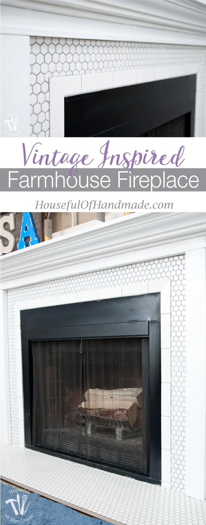 I love this vintage inspired farmhouse fireplace. DIY your own fireplace with new white hexagon tile on a budget. Love the white tiles and gray grout. Farmhouse fireplace reveal from Housefulofhandmade.com