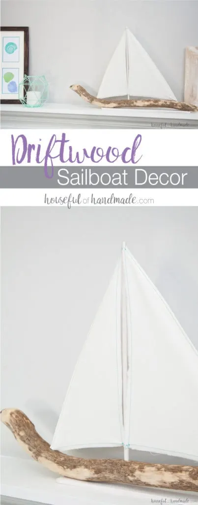 I love coastal decor! If you've ever skipped making your favorite driftwood project because you don't live by the ocean, no need for that anymore. Check out the tutorial for this DIY driftwood sailboat decor and find out where she found driftwood in a land locked state. | Housefulofhandmade.com