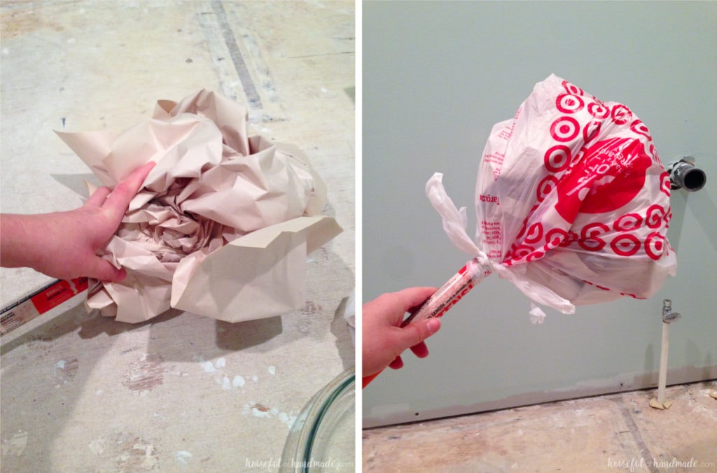 plastic bag on paint stick for ceiling makeover