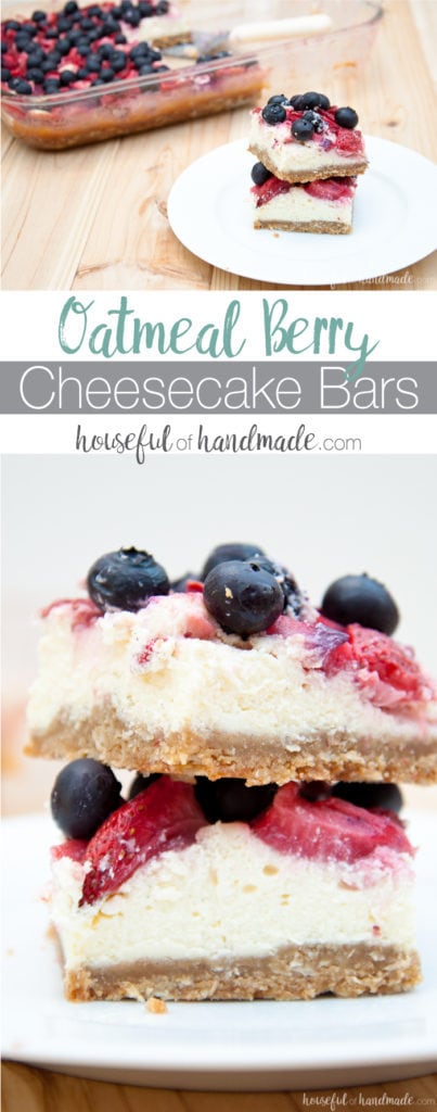 The perfect way to use up all the berries I keep buying! Summer is all about berries. Make the perfect summer desert with this oatmeal berry cheesecake bars recipe. And if you have gluten free oats, you can make this a gluten free summer desert. | Housefulofhandmade.com