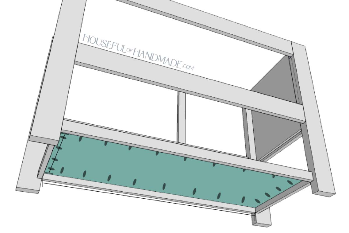 Attaching the lower shelf between the trim. 