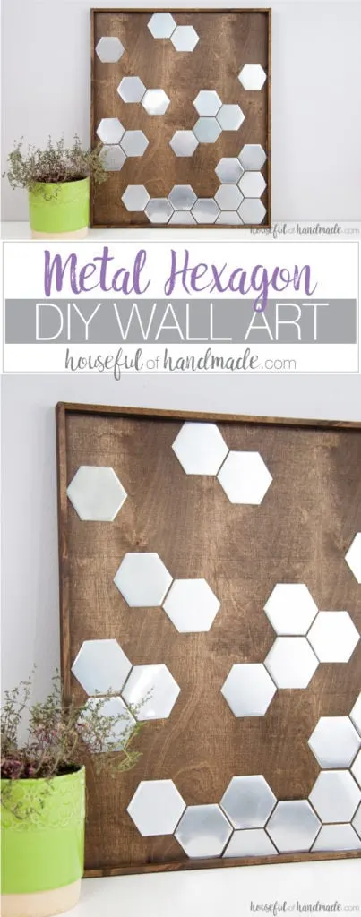 I love this idea for art! Use a combination of wood and metal to make a statement home decor piece. This DIY metal hexagon wall art is the perfect way to add design to your home on a budget. | Housefulofhandmade.com