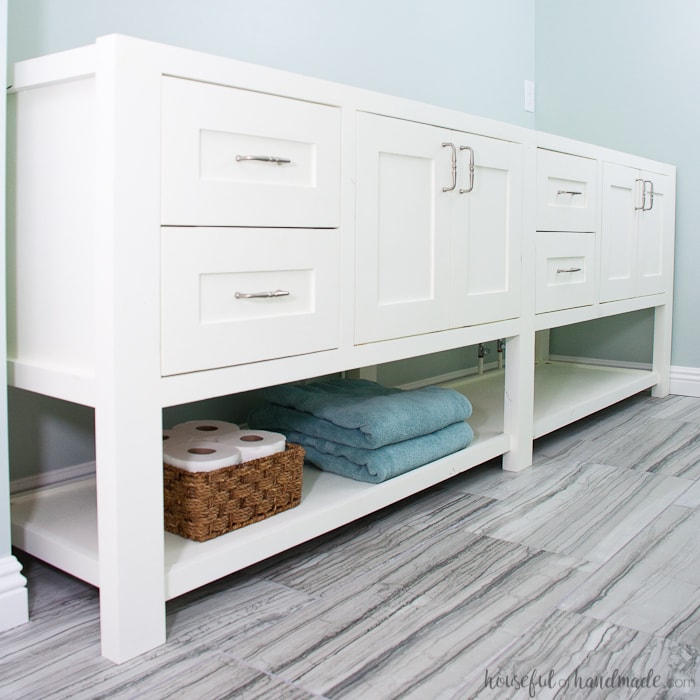 8' double vanity with shaker doors and open shelf on the bottom. 