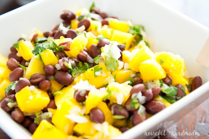 close up image of mango and black bean salsa for your Salsa & Margaritas Adult Birthday Party
