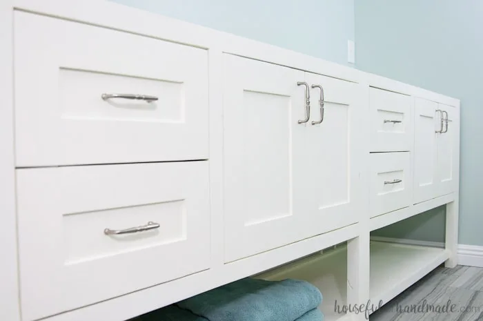 Full picture of the installed double sink bathroom vanity with a smooth professional paint finish on it. 