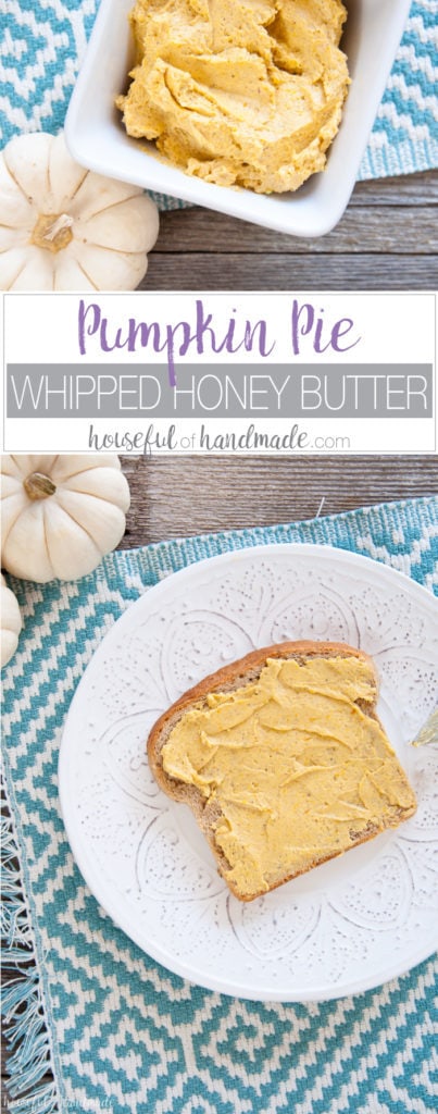 This looks so amazing! For the most delicious fall treat, smother this pumpkin pie whipped honey butter recipe on everything you can find. Or give as a gift for your favorite hostess or teacher. | Housefulofhandmade.com