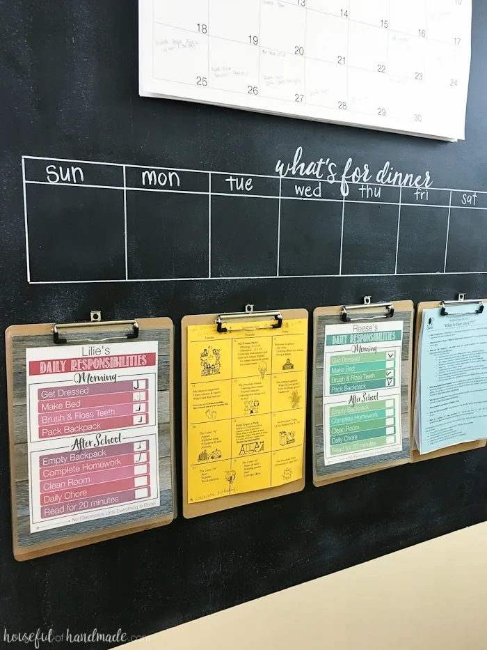 Need a way to get your whole family organized? A rustic hallway command center is the perfect way to organize your families lives. Includes a chalkboard, giant wall calendar, chore charts, clipboards for papers, and menu board. | Housefulofhandmade.com