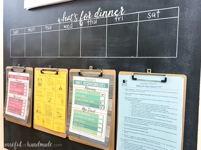 Need a way to get your whole family organized? A rustic hallway command center is the perfect way to organize your families lives. Includes a chalkboard, giant wall calendar, chore charts, clipboards for papers, and menu board. | Housefulofhandmade.com