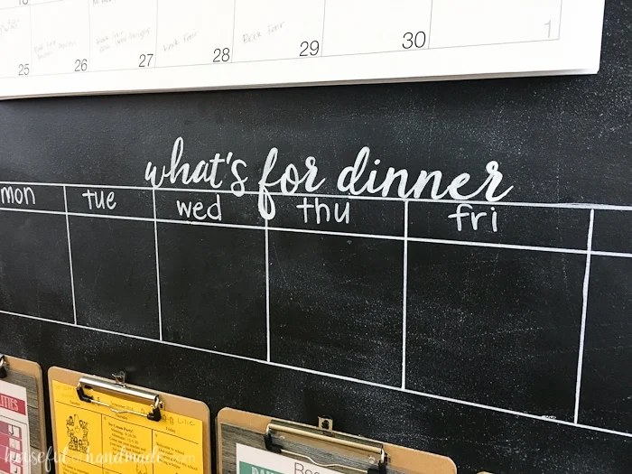 Need a way to get your whole family organized? A rustic hallway command center is the perfect way to organize your families lives. Includes a chalkboard, giant wall calendar, chore charts, clipboards for papers, and menu board. | Housefulofhandmade.com