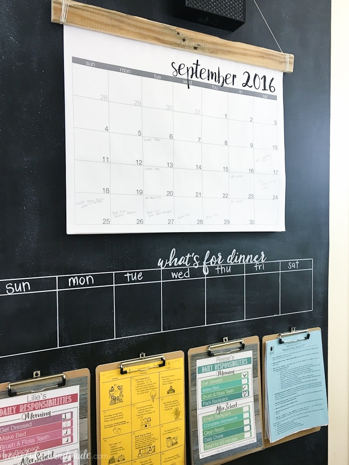 Need a way to get your whole family organized? A rustic hallway command center is the perfect way to organize your families lives. Includes a chalkboard, giant wall calendar, chore charts, clipboards for papers, and menu board. | Housefulofhandmade.com