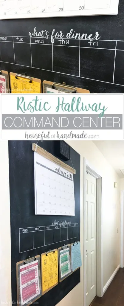 Need a way to get your whole family organized? A rustic hallway command center is the perfect way to organize your families lives. Includes a chalkboard, giant wall calendar, chore charts, clipboards for papers, and menu board. | Housefulofhandmade.com