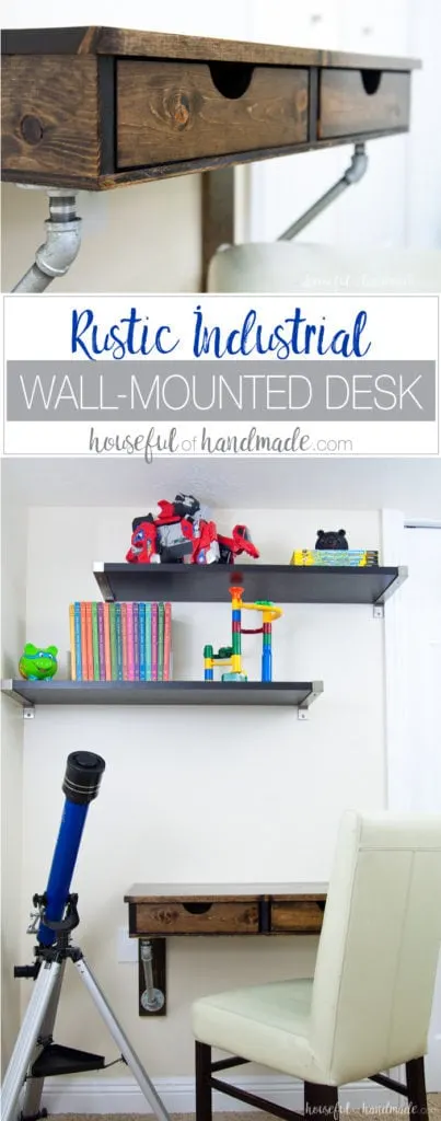 Create the perfect homework space with this easy to build desk. This easy rustic industrial wall-mounted desk can be added in any small space. Get the free build plans today! | Housefulofhandmade.com