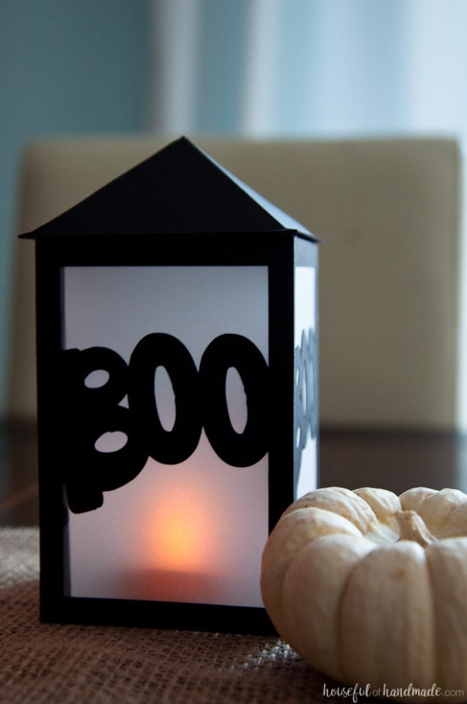 These are the perfect decorations for a Halloween buffet table or in a dark window. Make these DIY paper Halloween lanterns easily with the free digital cut file or PDF to decorate your home this Halloween. | Housefulofhandmade.com