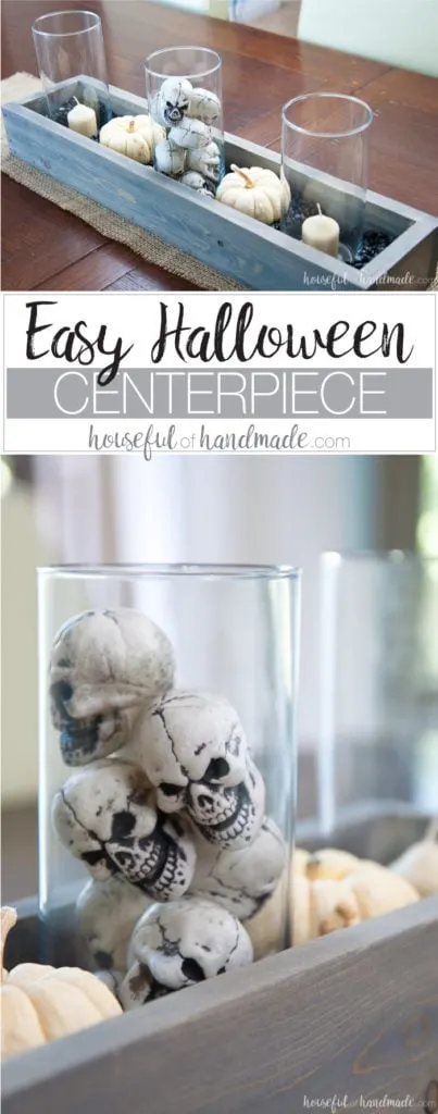 This is the perfect combination of spooky and farmhouse decor. Decorate your dining room table with this easy DIY Halloween centerpiece. Includes a tutorial to make a wooden trough box in minutes. | Housefulofhandmade.com