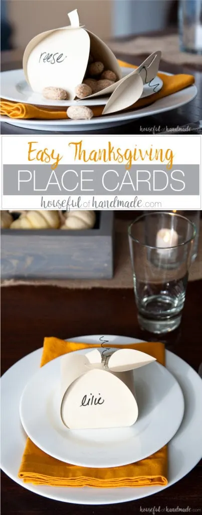 Make Thanksgiving extra festive with these easy Thanksgiving place cards that can be filled with treats for an easy appetizer. These paper pumpkin boxes are easy to make and will leave your guests feeling extra special this holiday season. | Housefulofhandmade.com