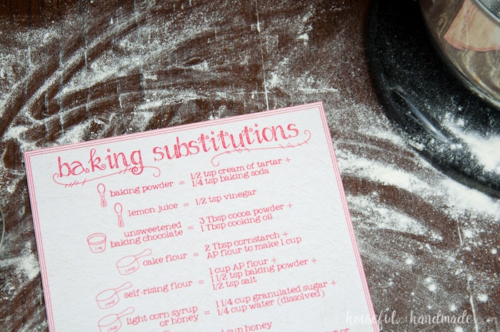 I need this for my kitchen! If you love to bake, but hate running to store for last minute ingredients, this printable baking substitutions chart is perfect for you. There are a variety of ingredient substitutions so you can keep baking even when you are out of something. | Housefulofhandmade.com