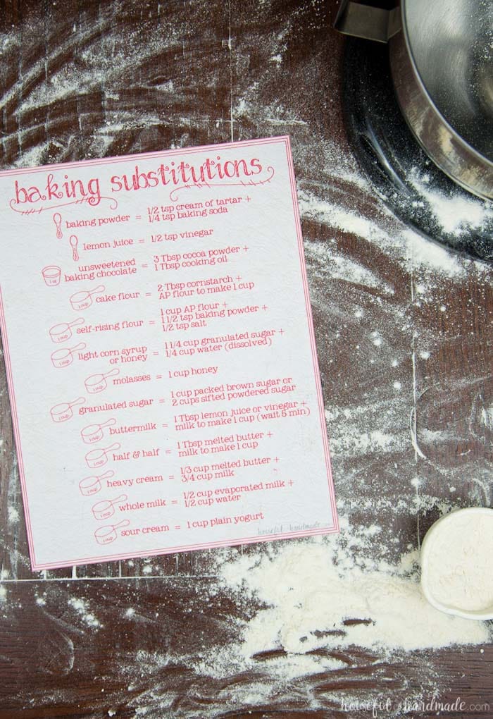 I need this for my kitchen! If you love to bake, but hate running to store for last minute ingredients, this printable baking substitutions chart is perfect for you. There are a variety of ingredient substitutions so you can keep baking even when you are out of something. | Housefulofhandmade.com