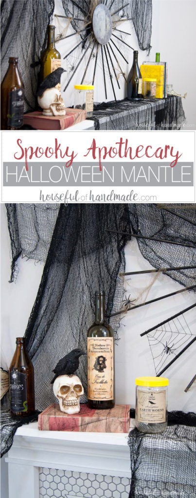 I love this mantle decor! Create a spooky apothecary Halloween mantle with easy DIY decorations. Spooky apothecary jars, bloody candles, and potions books make this the perfect spooky Halloween decor. | Housefulofhandmade.com