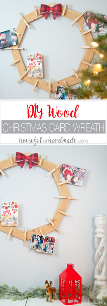 This is the cutest way to display your Christmas cards! Build a DIY wood Christmas card wreath from 1 1x3 board. A great rustic farmhouse style Christmas card holder. | Housefulofhandmade.com
