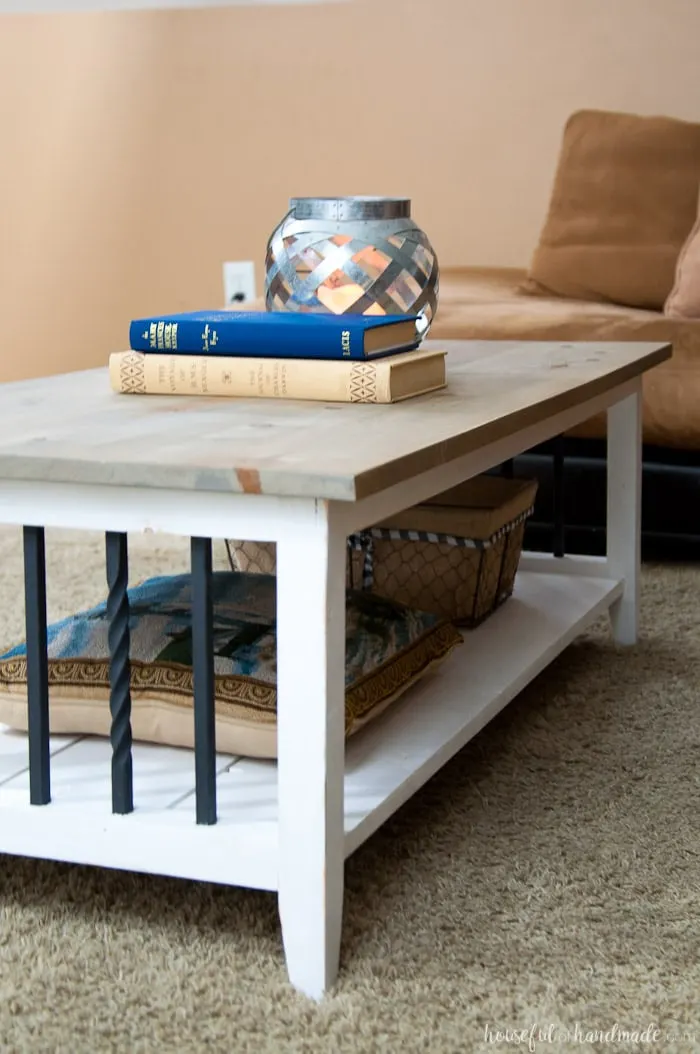 I love this simple, rustic open shelf coffee table. Create the perfect place to relax with this easy to build farmhouse coffee table. Get the free build plans today. | Housefulofhandmade.comI love this simple, rustic open shelf coffee table. Create the perfect place to relax with this easy to build farmhouse coffee table. Get the free build plans today. | Housefulofhandmade.com