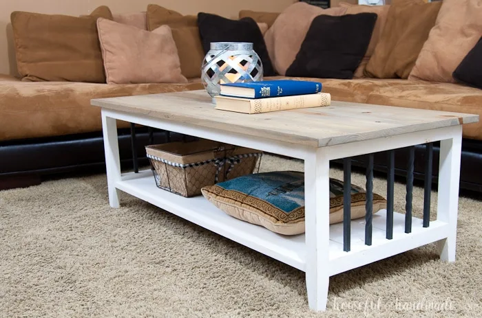Use these amazing DIYs to Organize your home this year. I love this simple, rustic open shelf coffee table. Create the perfect place to relax with this easy to build farmhouse coffee table. Get the free build plans today. | Housefulofhandmade.com