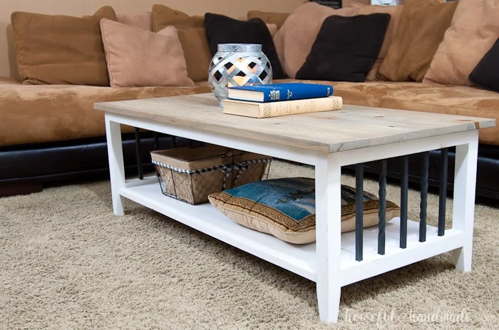 I love this simple, rustic open shelf coffee table. Create the perfect place to relax with this easy to build farmhouse coffee table. Get the free build plans today. | Housefulofhandmade.com