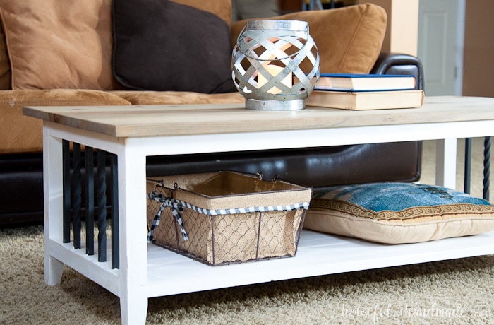I love this simple, rustic open shelf coffee table. Create the perfect place to relax with this easy to build farmhouse coffee table. Get the free build plans today. | Housefulofhandmade.com