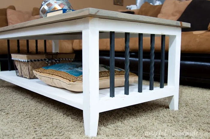 I love this simple, rustic open shelf coffee table. Create the perfect place to relax with this easy to build farmhouse coffee table. Get the free build plans today. | Housefulofhandmade.com